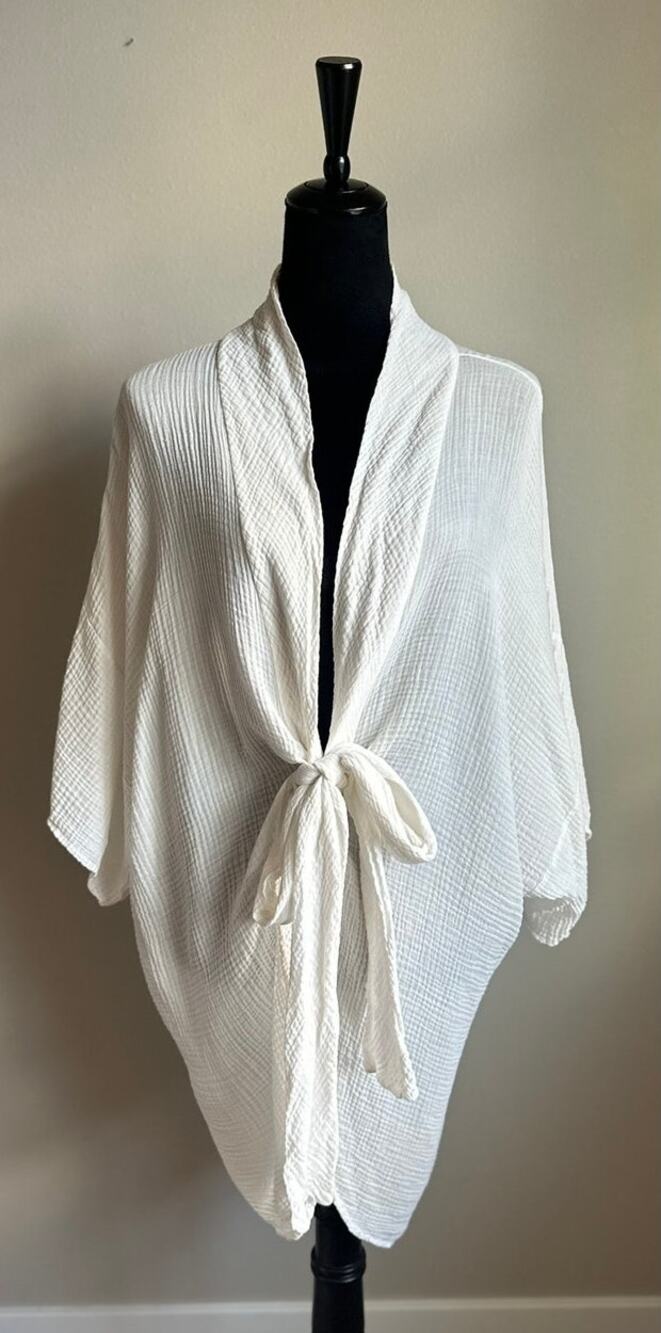 ROBIN PICCONE White Bubble Cotton Gauze Tie Front Mid Length Cover-Up Size M